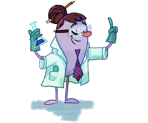 Quiz1203_bean_science Image of a Human Bean character wearing a lab coat and explaining about a beaker she is holding in her right hand.