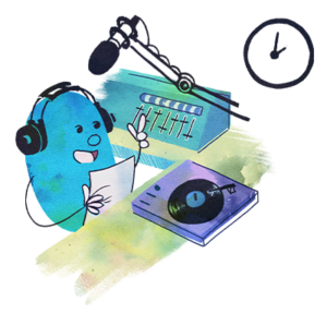 Image of a DJ Beanbean spinning a record and reading on air - representing the Herald (ENFP) character class.