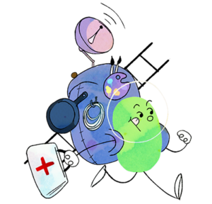 Image of a well-prepared Beanbean marching to the rescue with a huge backpack full of useful items for every scenario - representing the Communiteer (ESFJ) character class.