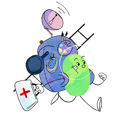 The Communiteer - ESFJ Image of a well-prepared Beanbean marching to the rescue with a huge backpack full of useful items for every scenario - representing the Communiteer (ESFJ) character class.