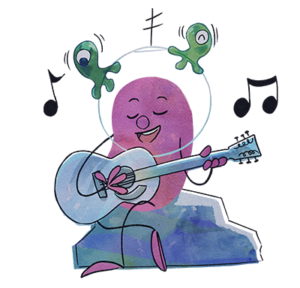 Image of a performer Beanbean strumming the guitar and singing for their little alien friends - representing the Radiant (ESFP) character class.