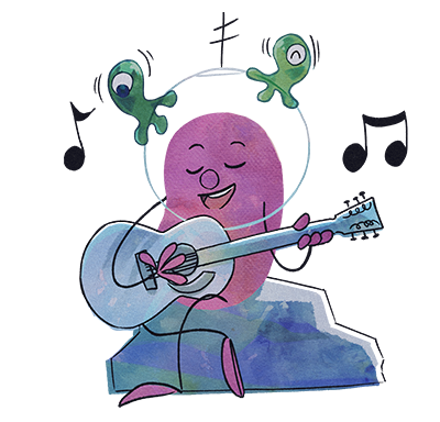 The Radiant - ESFP Image of a performer Beanbean strumming the guitar and singing for their little alien friends - representing the Radiant (ESFP) character class.
