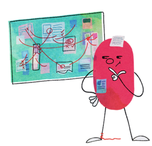 Image of a curious Beanbean contemplating various clues and documents connected by pieces of string on a pin board - representing the Logicianary (INTP) character class.