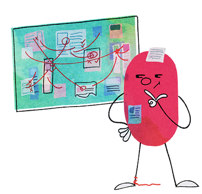 The Logicianary - INTP Image of a curious Beanbean contemplating various clues and documents connected by pieces of string on a pin board - representing the Logicianary (INTP) character class.