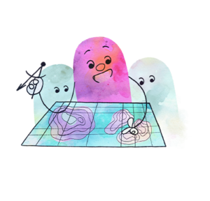 Image of a guide Beanbean teaching some friends how to read a map - representing the Pathfinder (ISFP) character class.